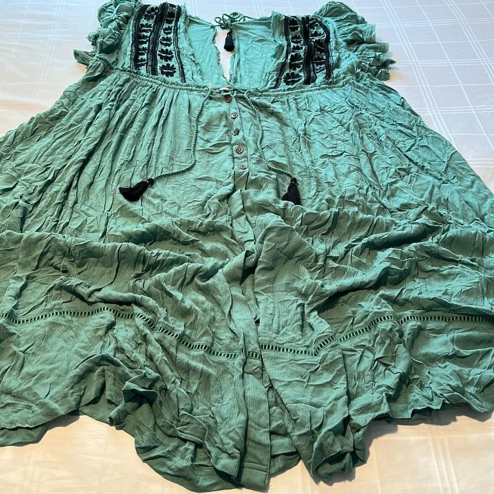 Free People Women's Turquoise Will Wait For You V-Neck Midi A-Line Dress Size L - Picture 3 of 8